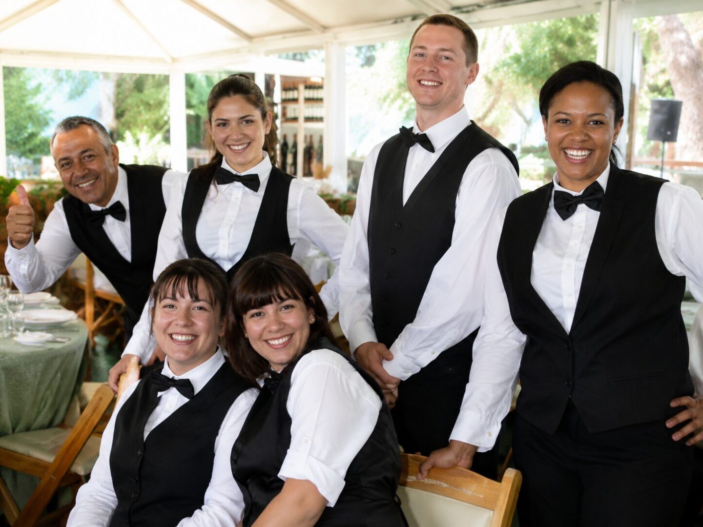 Happy restaurant staff posing together