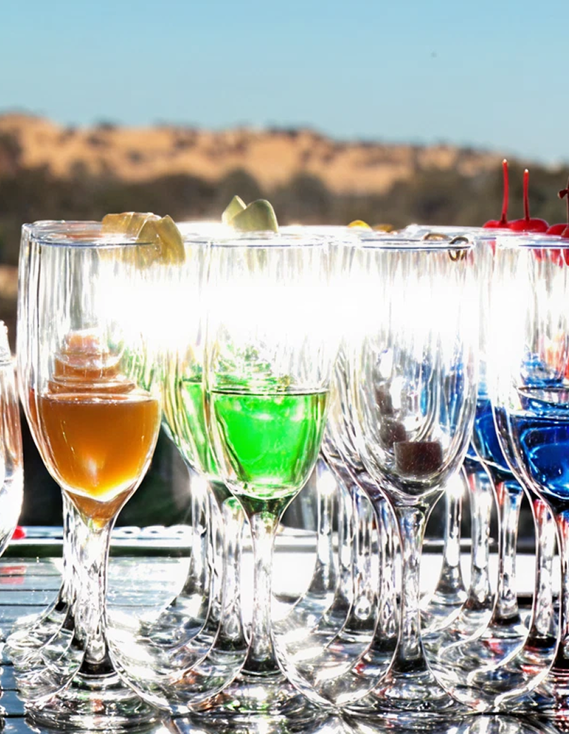 Assorted beverages with scenic backdrop