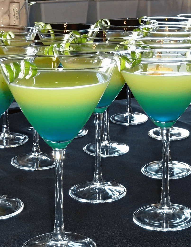 Colorful cocktails in martini glasses